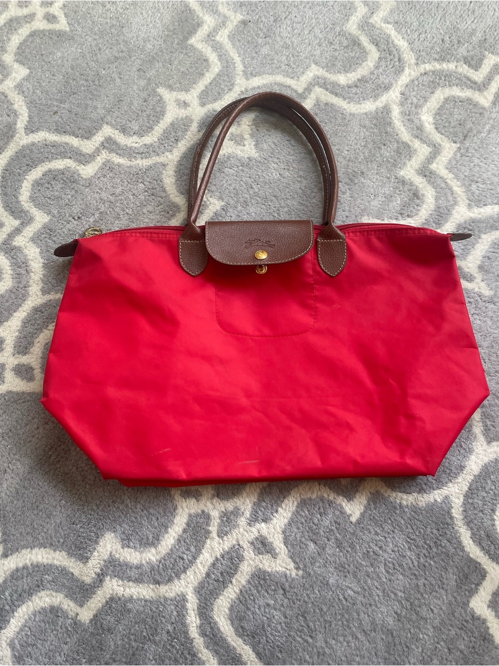 Longchamp Red Nylon Tote with Brown Leather Trim